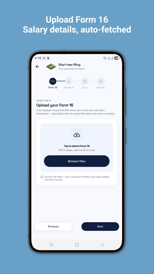 All India ITR app Form 16 upload screen