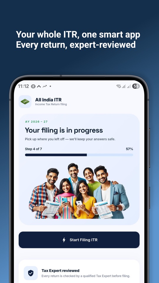 All India ITR app showing AY 2026-27 filing progress
