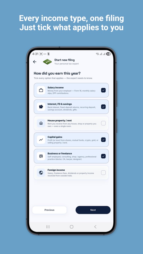 All India ITR app income source selection screen