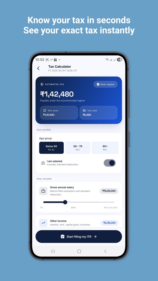 All India ITR app tax calculator screen for FY 2025-26